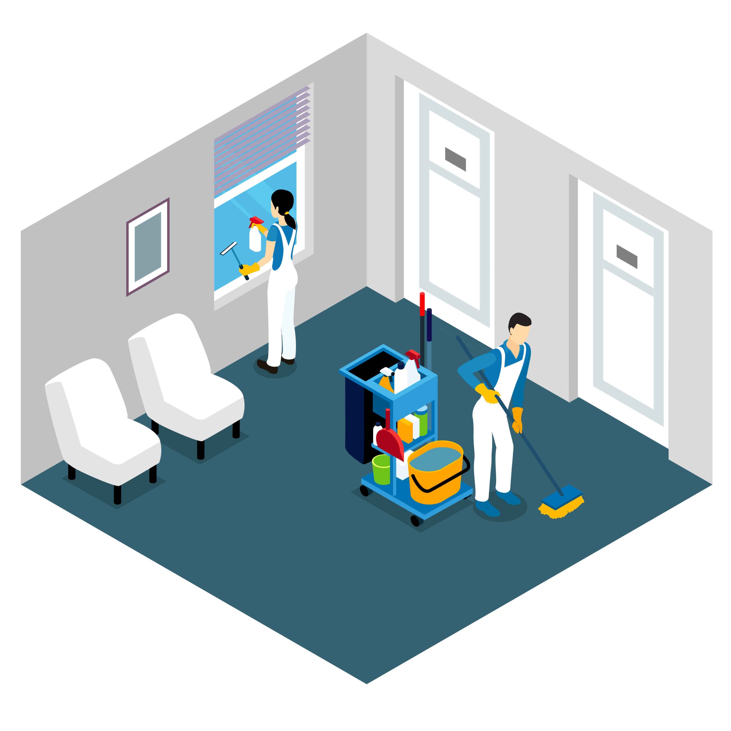 Professional cleaning isometric design with man tidying floor and woman washing window in office space vector illustration